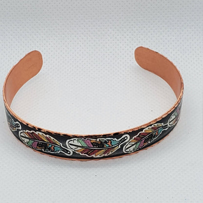 BR - Colorful Feather Artwork - Beautiful adjustable COPPER cuff bracelet.