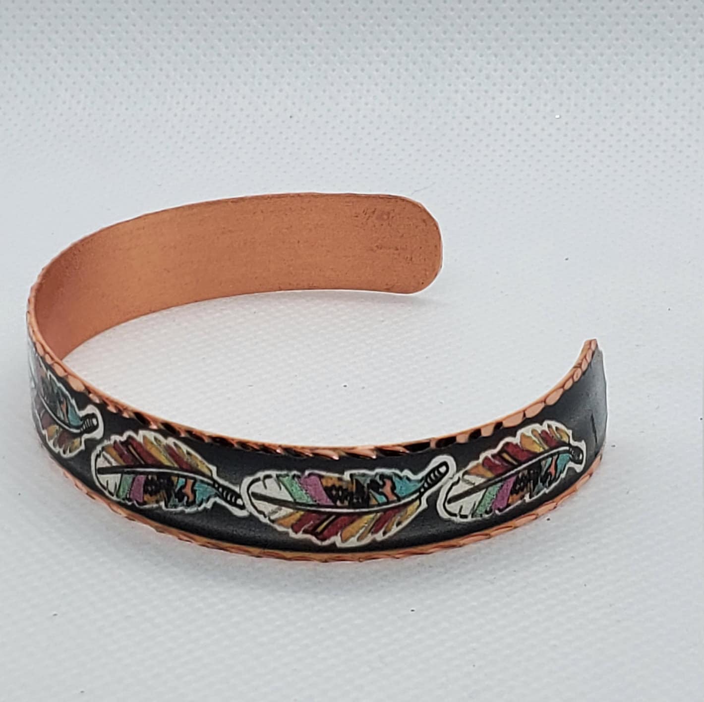 BR - Colorful Feather Artwork - Beautiful adjustable COPPER cuff bracelet.