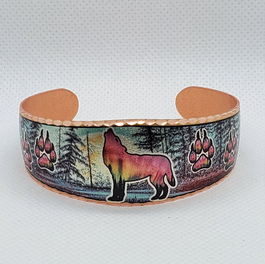 BR- Howling Wolf and Wolf Paws - Beautiful adjustable COPPER cuff bracelet.