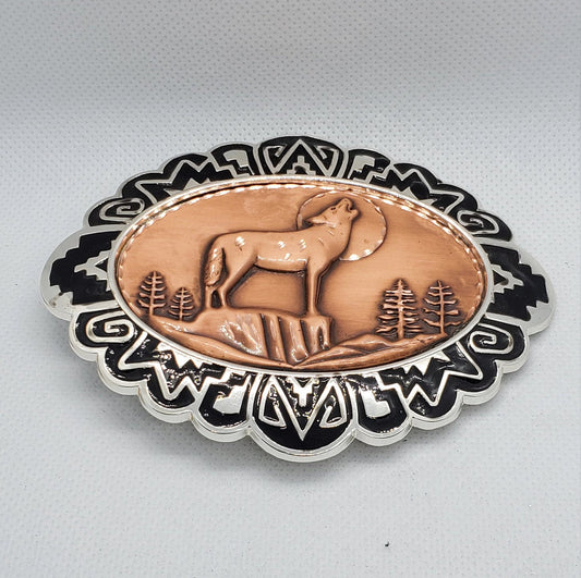 BB - Howling Wolf - Western Belt Buckle on Copper