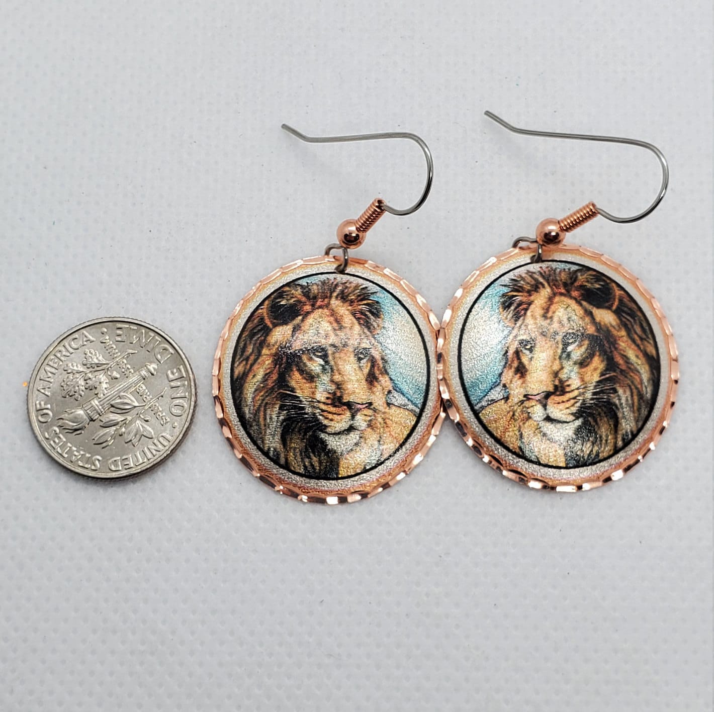 EA - Beautiful Lion COPPER earrings - Surgical Steel Hypo Allergenic Earwires.