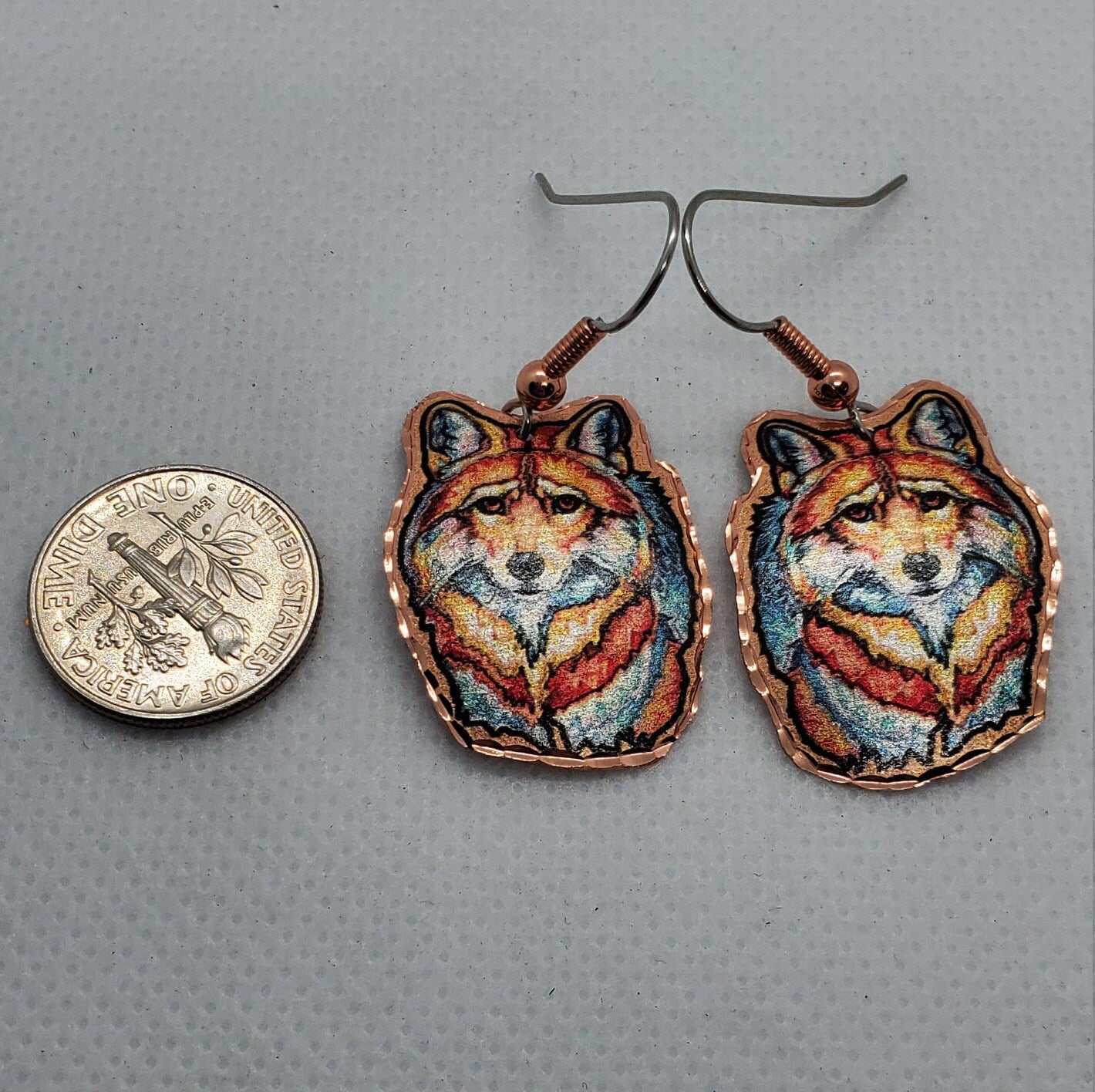 EA - Beautiful Wolf COPPER earrings - Surgical Steel Hypo Allergenic Earwires.