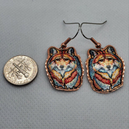 EA - Beautiful Wolf COPPER earrings - Surgical Steel Hypo Allergenic Earwires.