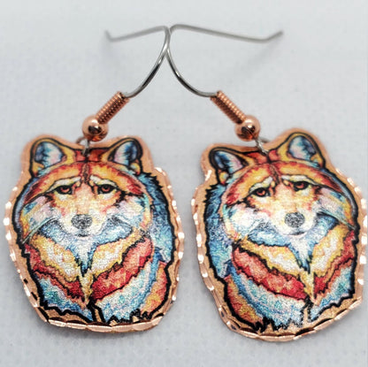 EA - Beautiful Wolf COPPER earrings - Surgical Steel Hypo Allergenic Earwires.