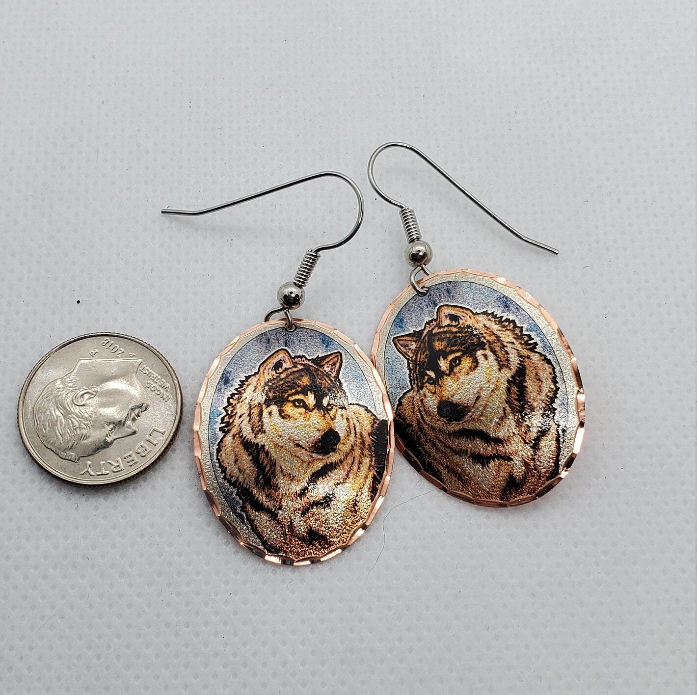 EA - Beautiful Wolf COPPER earrings - Surgical Steel Hypo Allergenic Earwires.