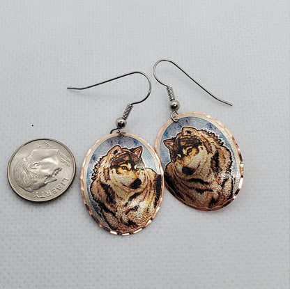 EA - Beautiful Wolf COPPER earrings - Surgical Steel Hypo Allergenic Earwires.