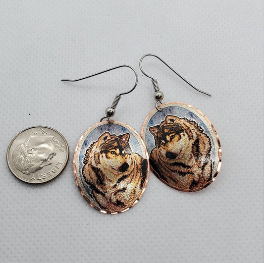 EA - Beautiful Wolf COPPER earrings - Surgical Steel Hypo Allergenic Earwires.