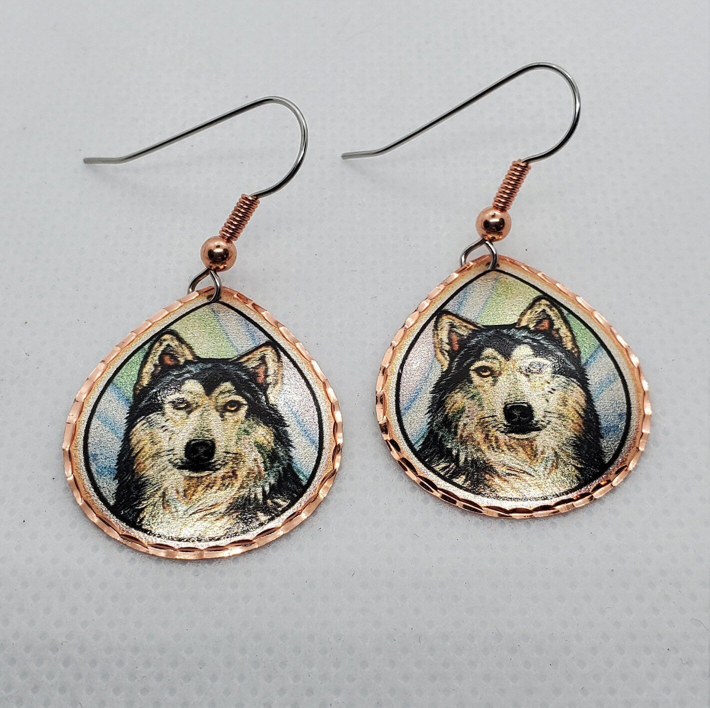 EA - Beautiful Wolf COPPER earrings - Surgical Steel Hypo Allergenic Earwires.