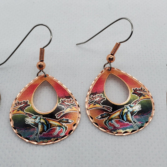 EA - Beautiful Wolf COPPER earrings - Surgical Steel Hypo Allergenic Earwires.