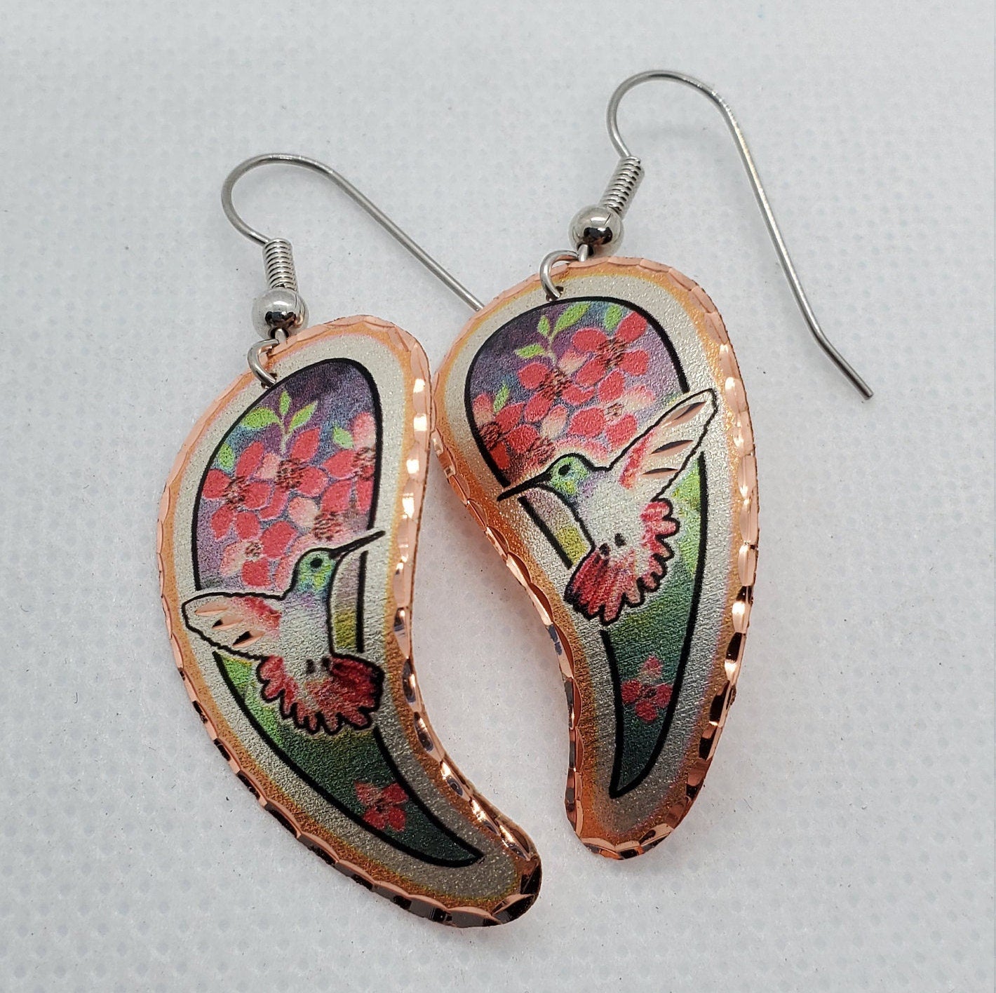 EA - Beautiful Hummingbird COPPER earrings - Surgical Steel Hypo Allergenic Earwires.