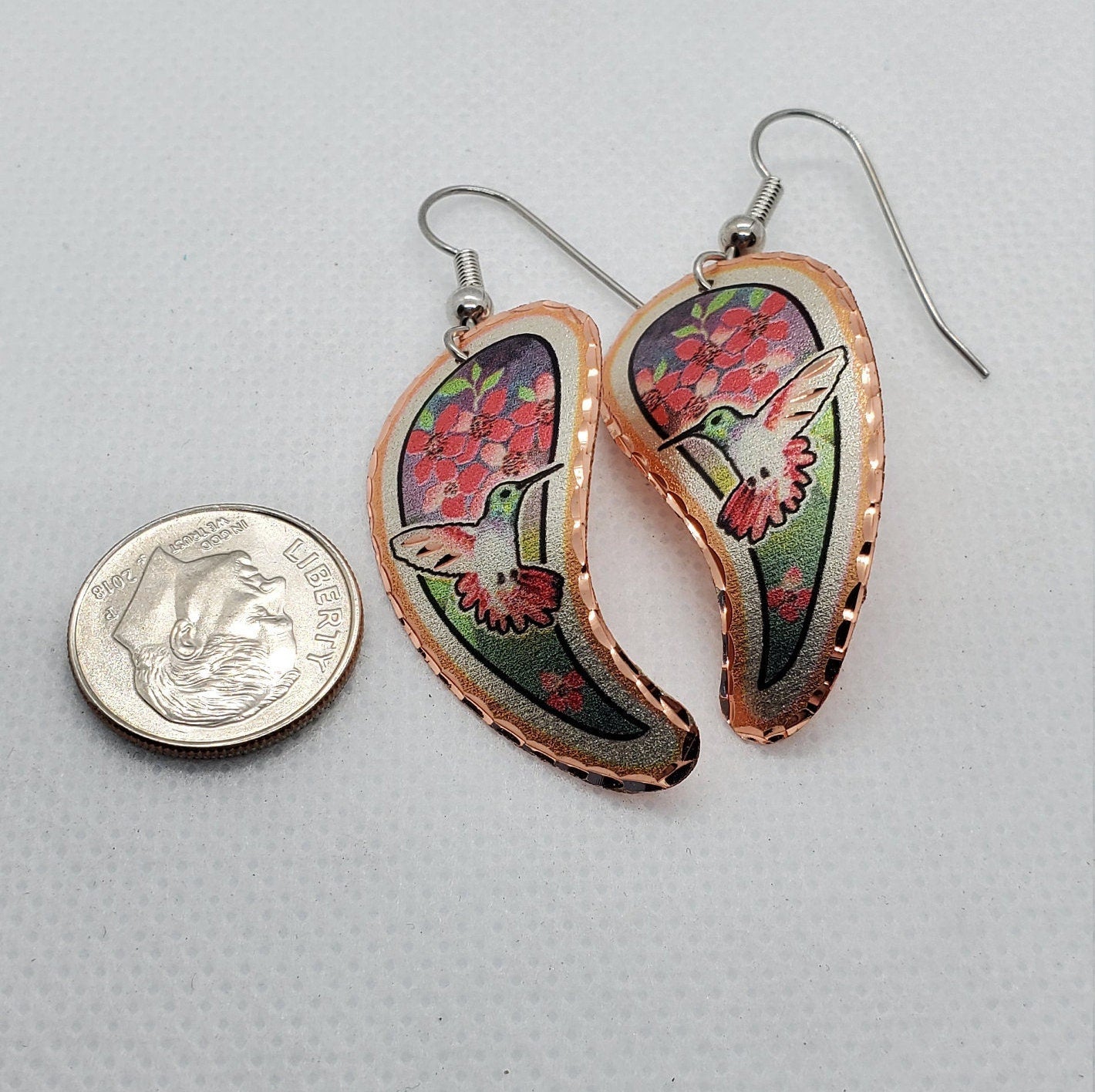 EA - Beautiful Hummingbird COPPER earrings - Surgical Steel Hypo Allergenic Earwires.