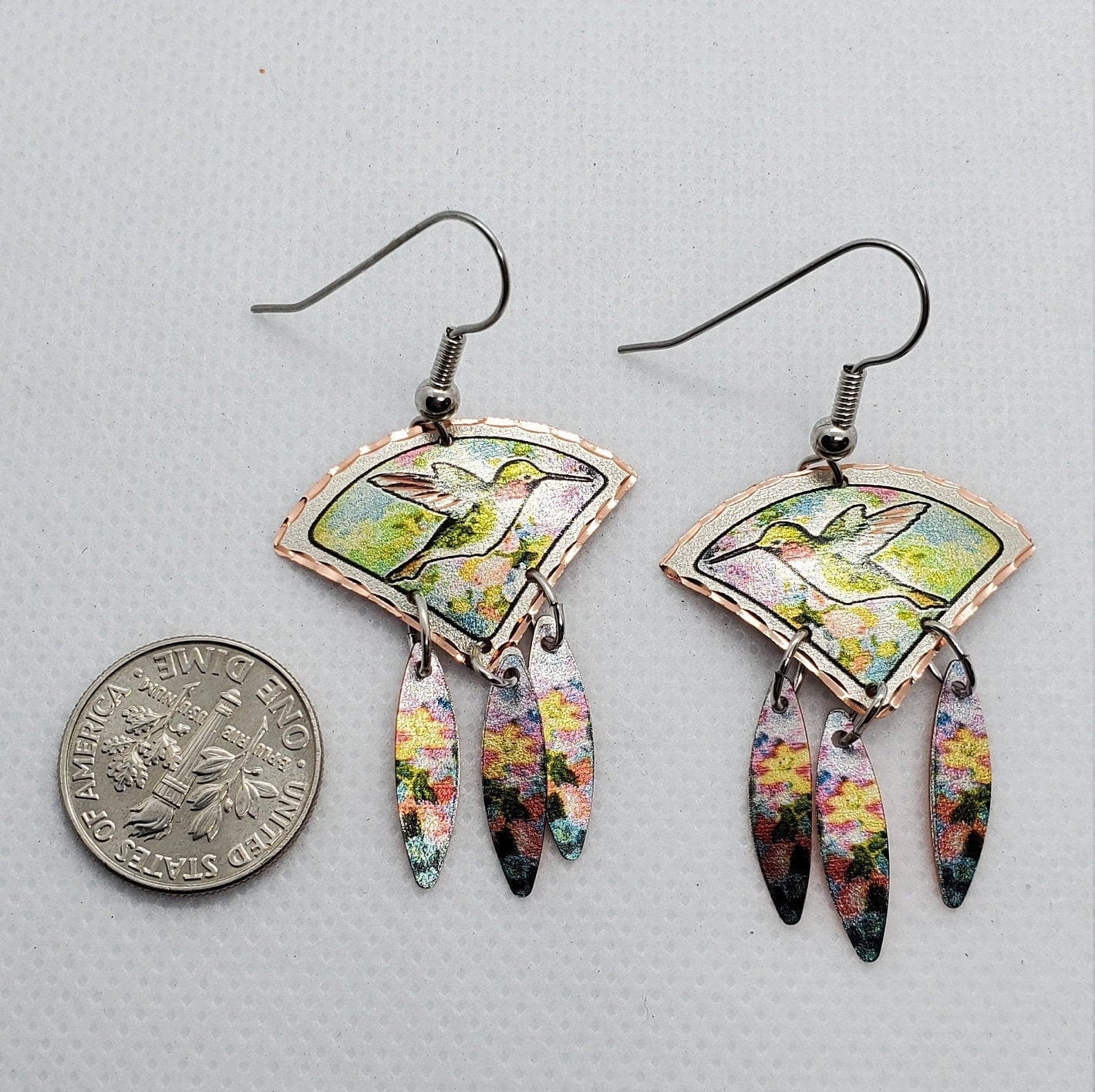 EA - Beautiful Hummingbird COPPER earrings - Surgical Steel Hypo Allergenic Earwires.