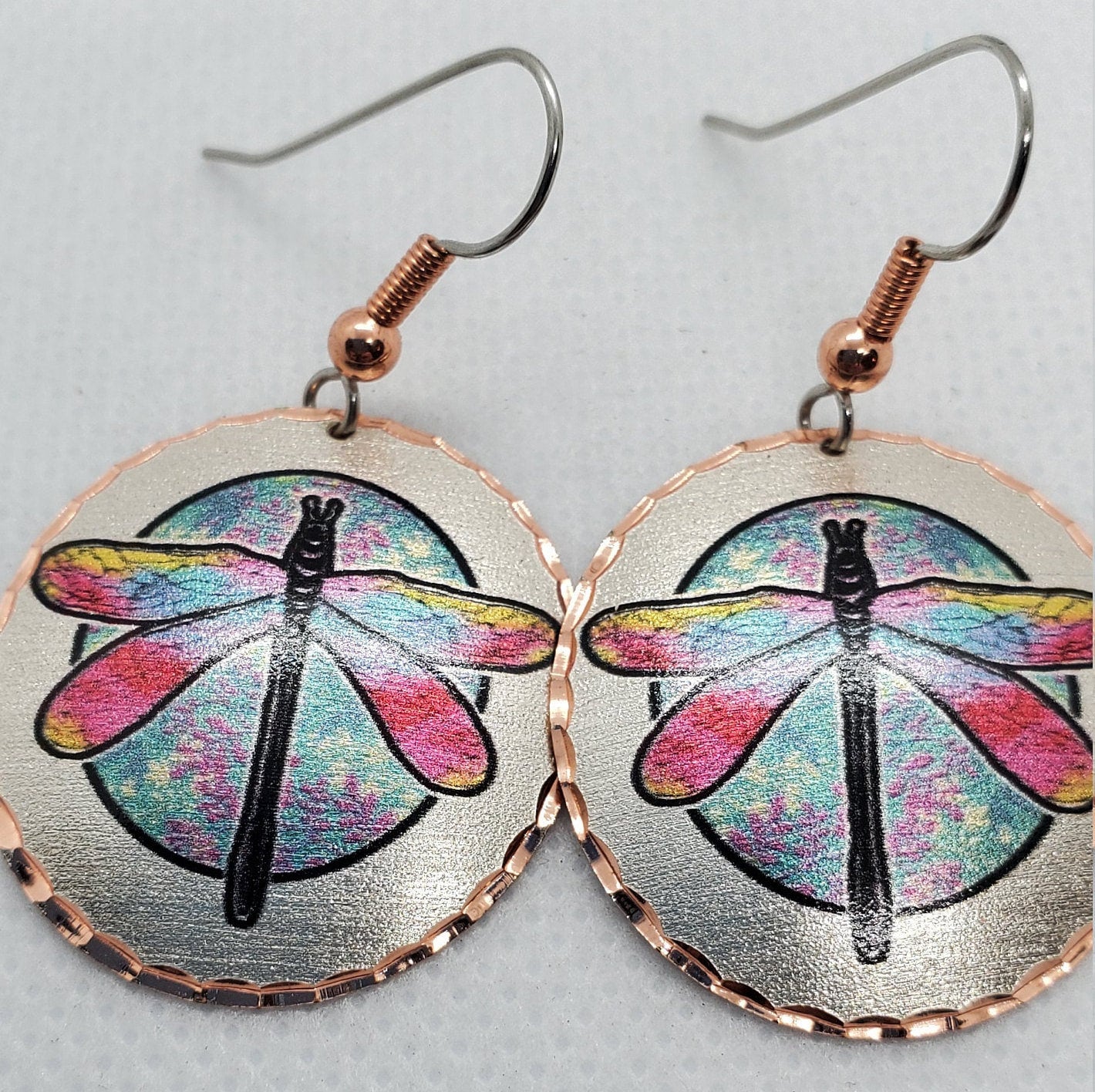 EA - Beautiful Dragonfly COPPER earrings - Surgical Steel Hypo Allergenic Earwires.