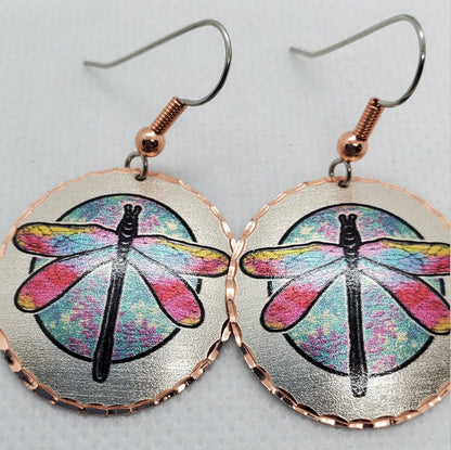 EA - Beautiful Dragonfly COPPER earrings - Surgical Steel Hypo Allergenic Earwires.