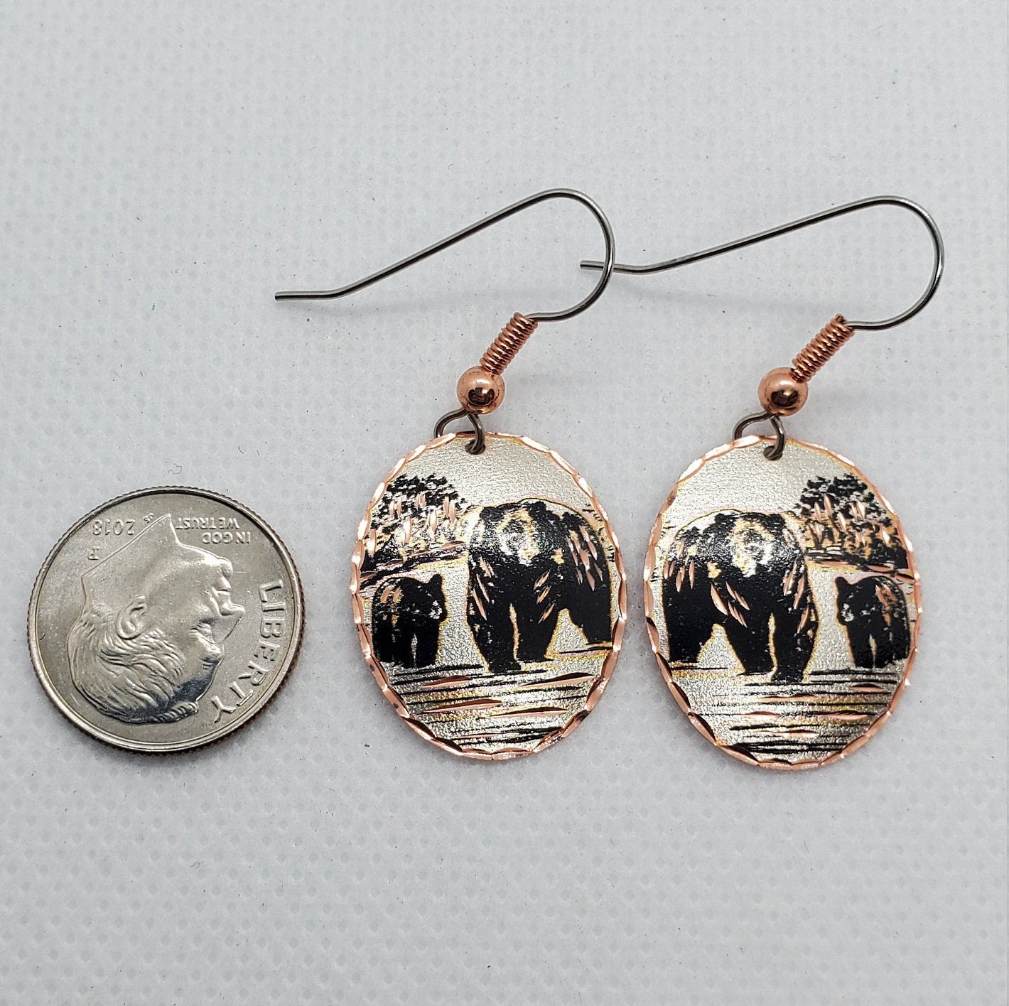 EA - Beautiful Bear with Bear Cub COPPER earrings - Surgical Steel Hypo Allergenic Earwires.