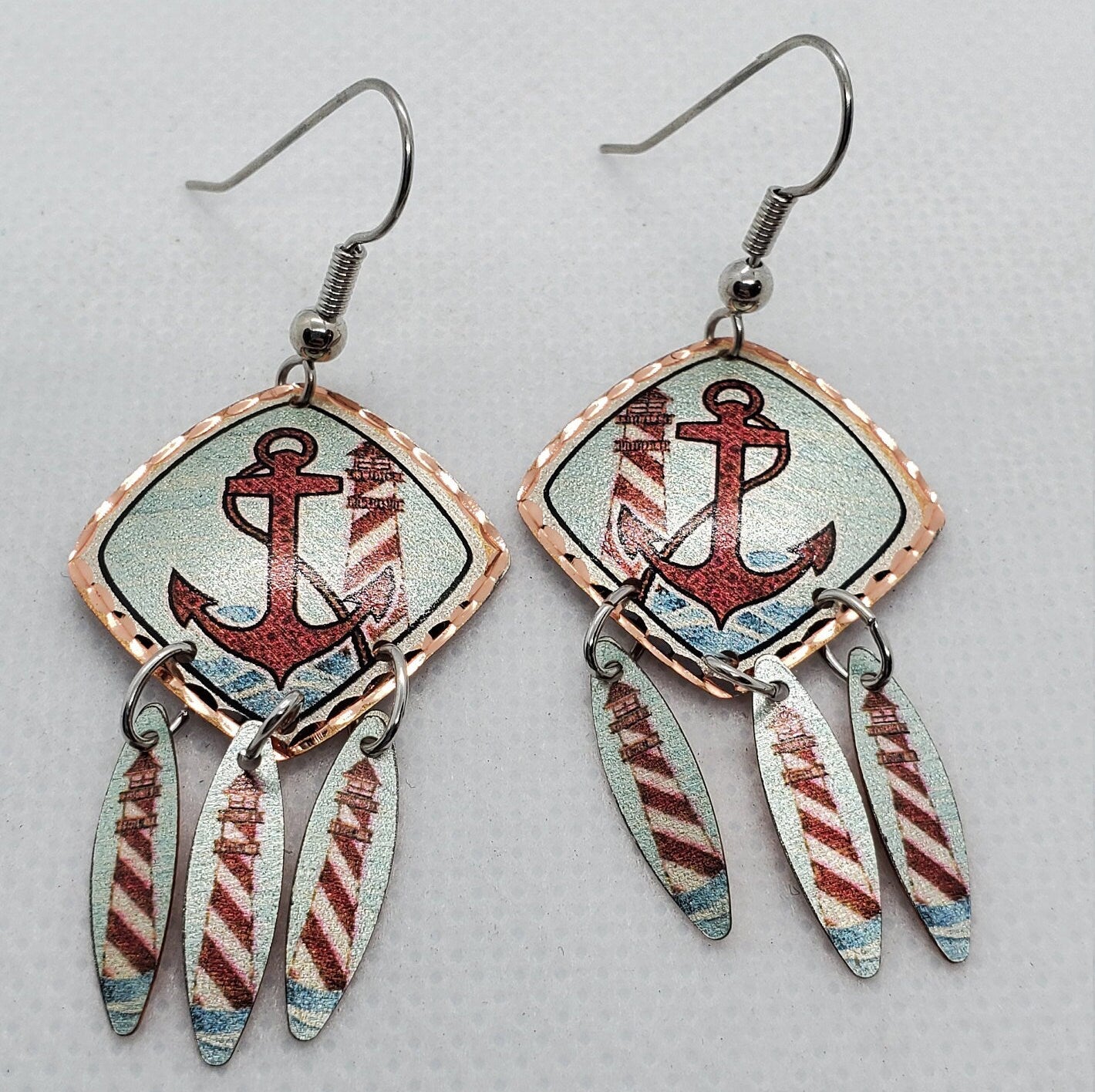 EA - Beautiful Anchor Lighthouse COPPER earrings - Surgical Steel Hypo Allergenic Earwires.