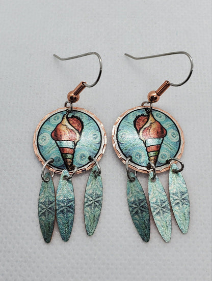 EA- Beautiful Seashell COPPER earrings - Surgical Steel Hypo Allergenic Earwires.