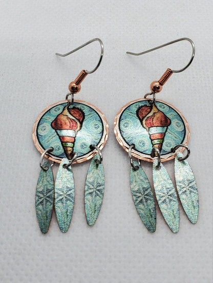 EA- Beautiful Seashell COPPER earrings - Surgical Steel Hypo Allergenic Earwires.