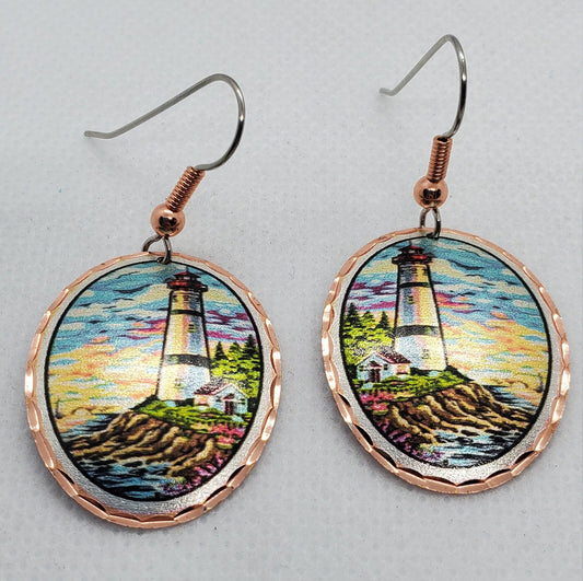 EA -Beautiful Lighthouse COPPER earrings - Surgical Steel Hypo Allergenic Earwires.