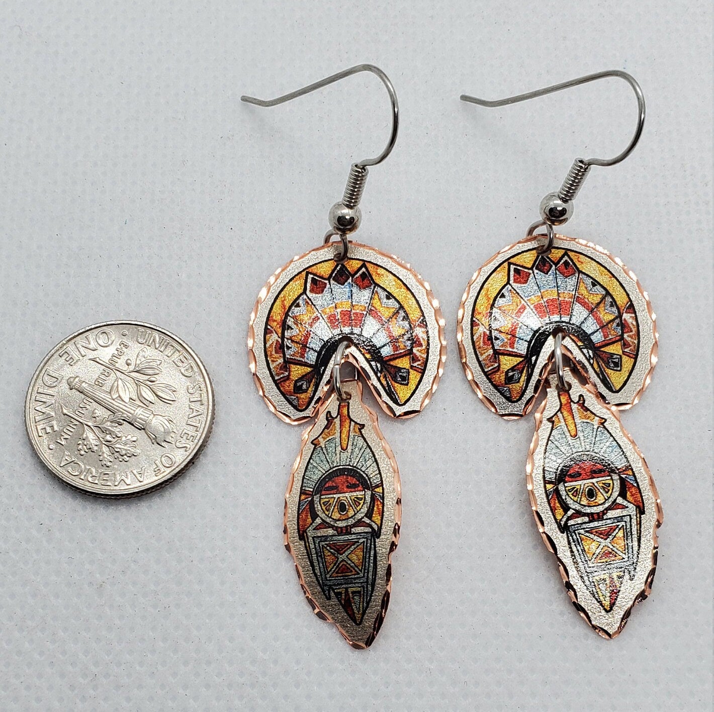 EA- Beautiful Dangle Sun Kachina COPPER earrings - Surgical Steel Hypo Allergenic Earwires.