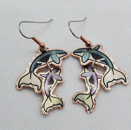 EA - Beautiful Cut Out Dangle Killer Whale COPPER earrings - Surgical Steel Hypo Allergenic Earwires.