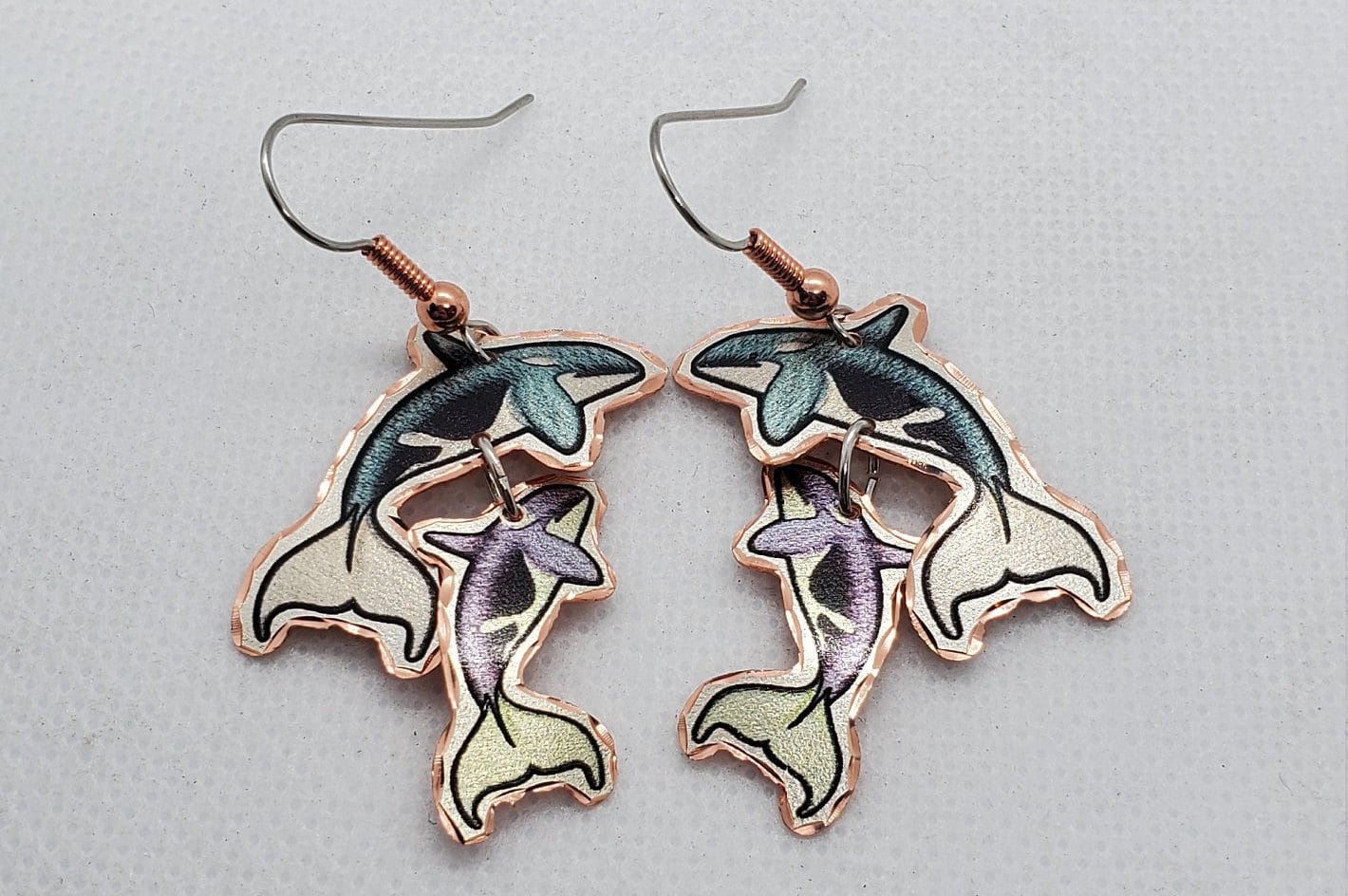 EA - Beautiful Cut Out Dangle Killer Whale COPPER earrings - Surgical Steel Hypo Allergenic Earwires.
