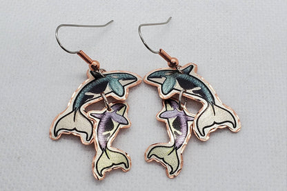EA - Beautiful Cut Out Dangle Killer Whale COPPER earrings - Surgical Steel Hypo Allergenic Earwires.