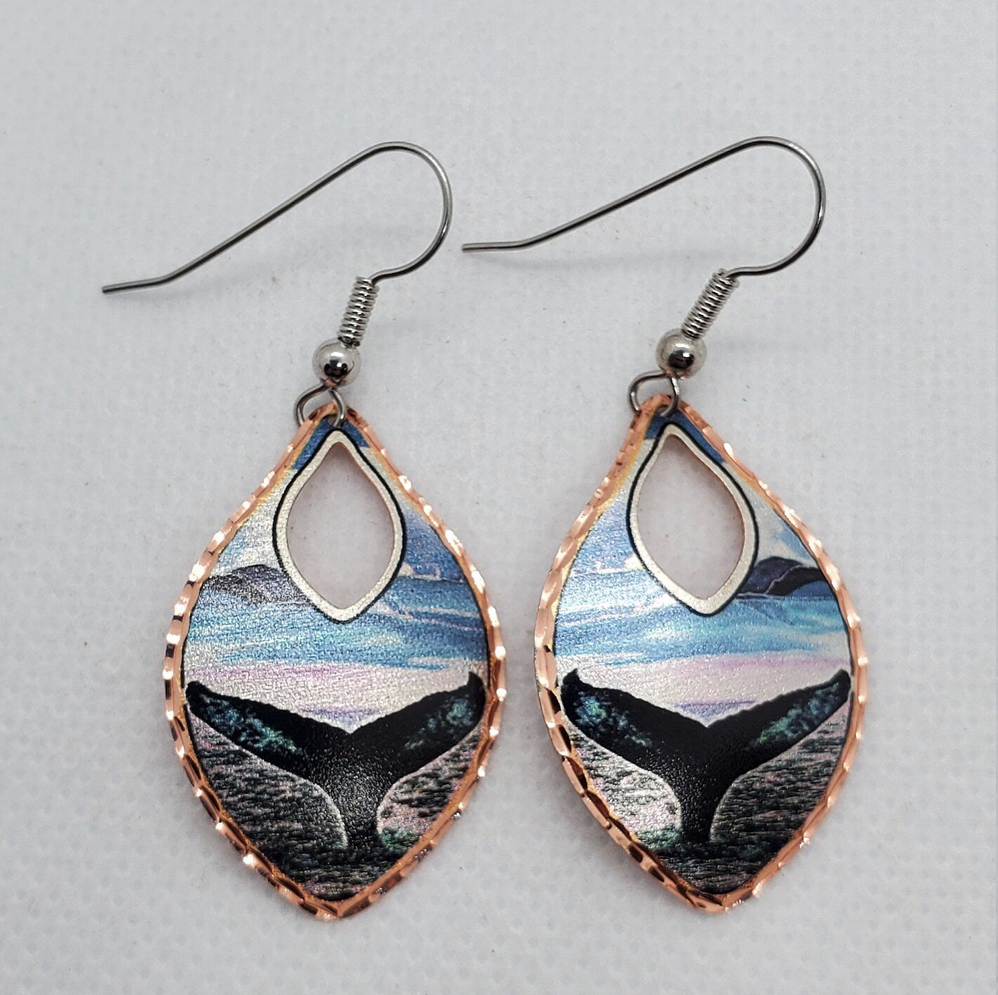 EA -Beautiful Teardrop Whale Tail COPPER earrings - Surgical Steel Hypo Allergenic Earwires.