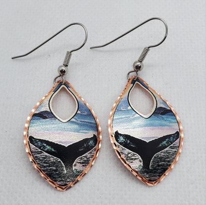 EA -Beautiful Teardrop Whale Tail COPPER earrings - Surgical Steel Hypo Allergenic Earwires.