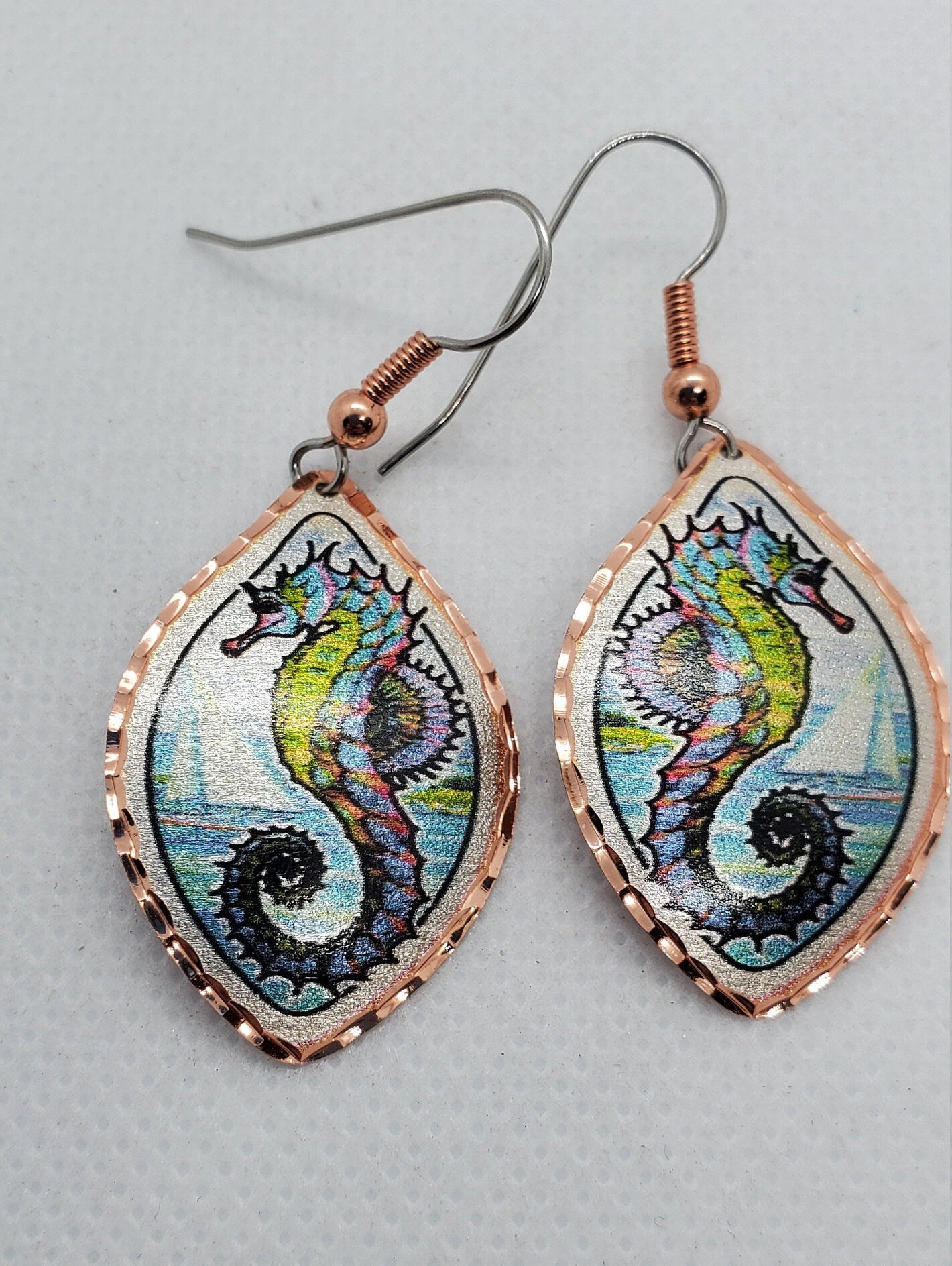 EA - Beautiful Seahorse COPPER earrings - Surgical Steel Hypo Allergenic Earwires.