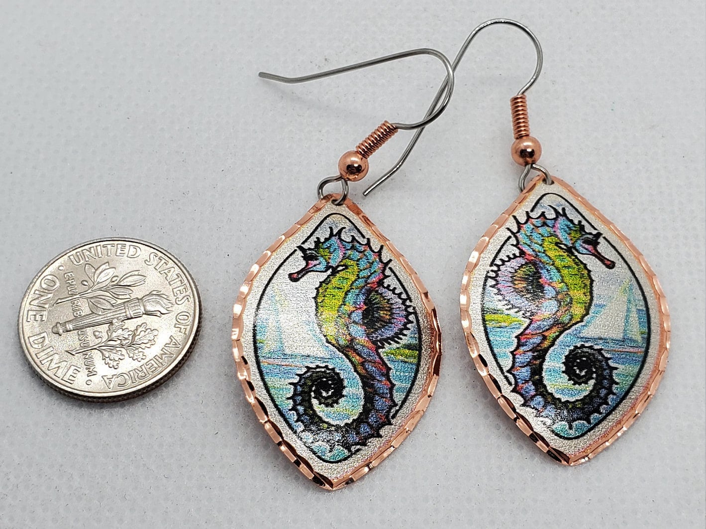 EA - Beautiful Seahorse COPPER earrings - Surgical Steel Hypo Allergenic Earwires.