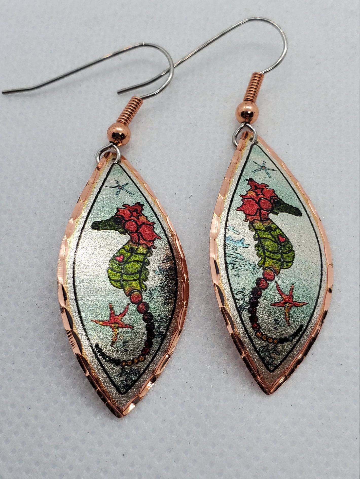 EA - Beautiful Seahorse COPPER earrings - Surgical Steel Hypo Allergenic Earwires.