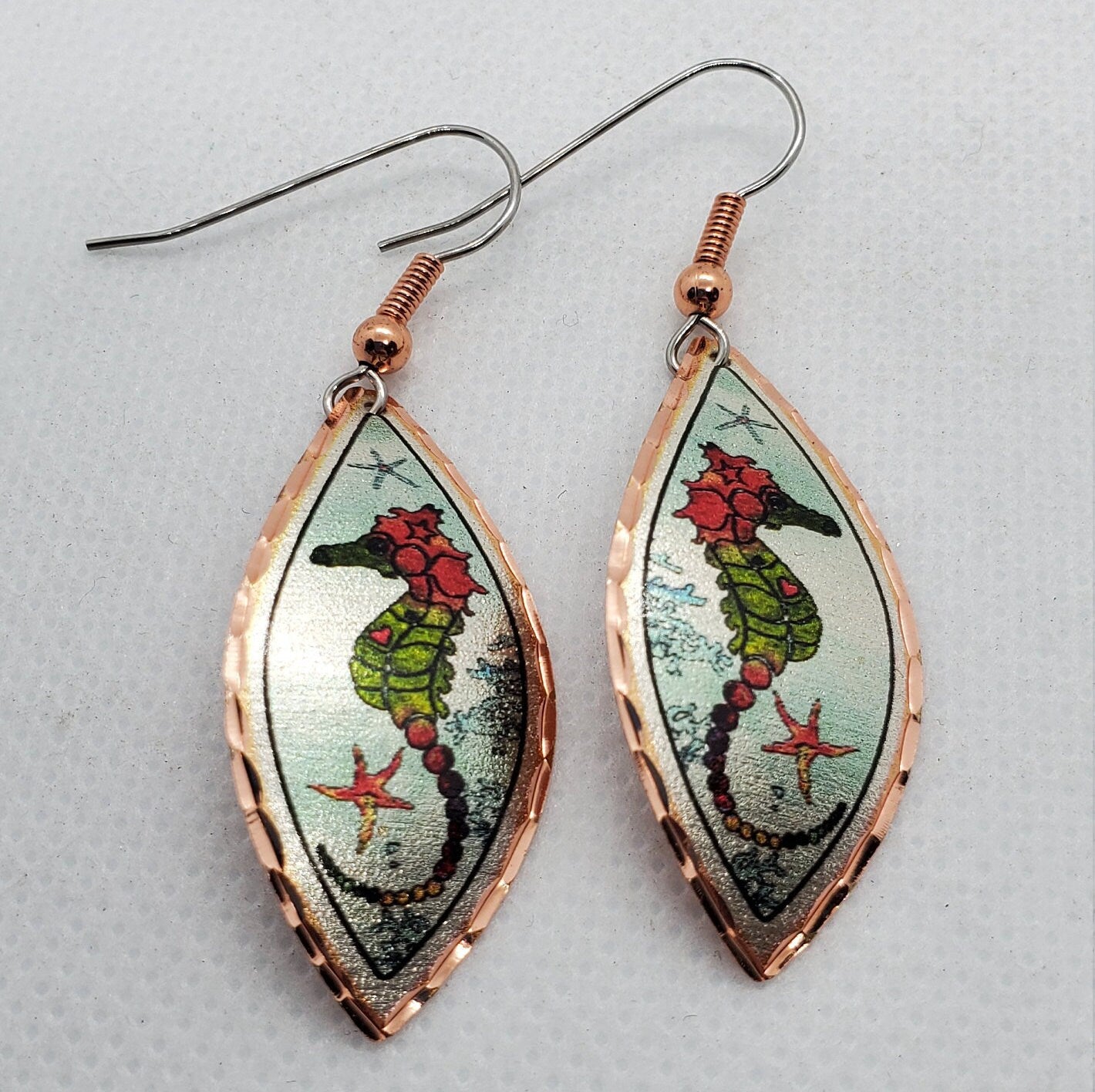 EA - Beautiful Seahorse COPPER earrings - Surgical Steel Hypo Allergenic Earwires.