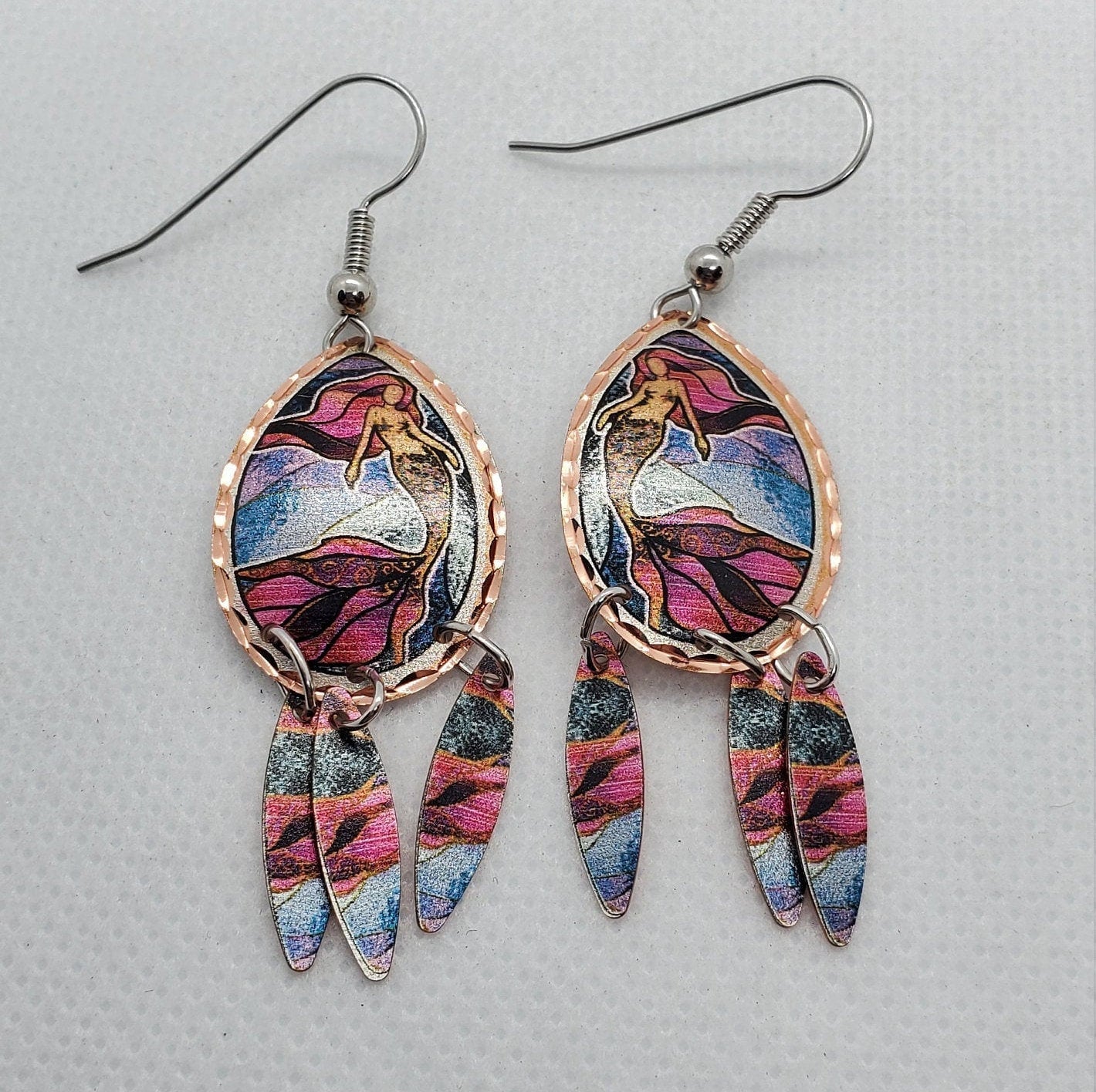 EA - Beautiful Mermaid COPPER earrings - Surgical Steel Hypo Allergenic Earwires.