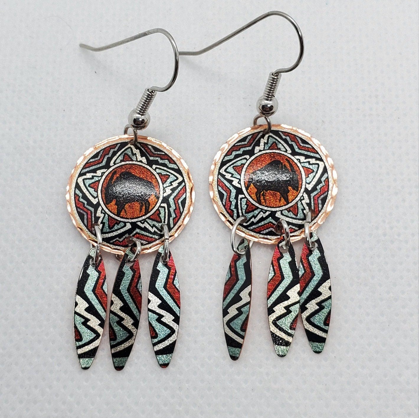 EA - Dangle Southwestern Buffalo - Beautiful COPPER earrings - Surgical Steel Hypo Allergenic Earwires.