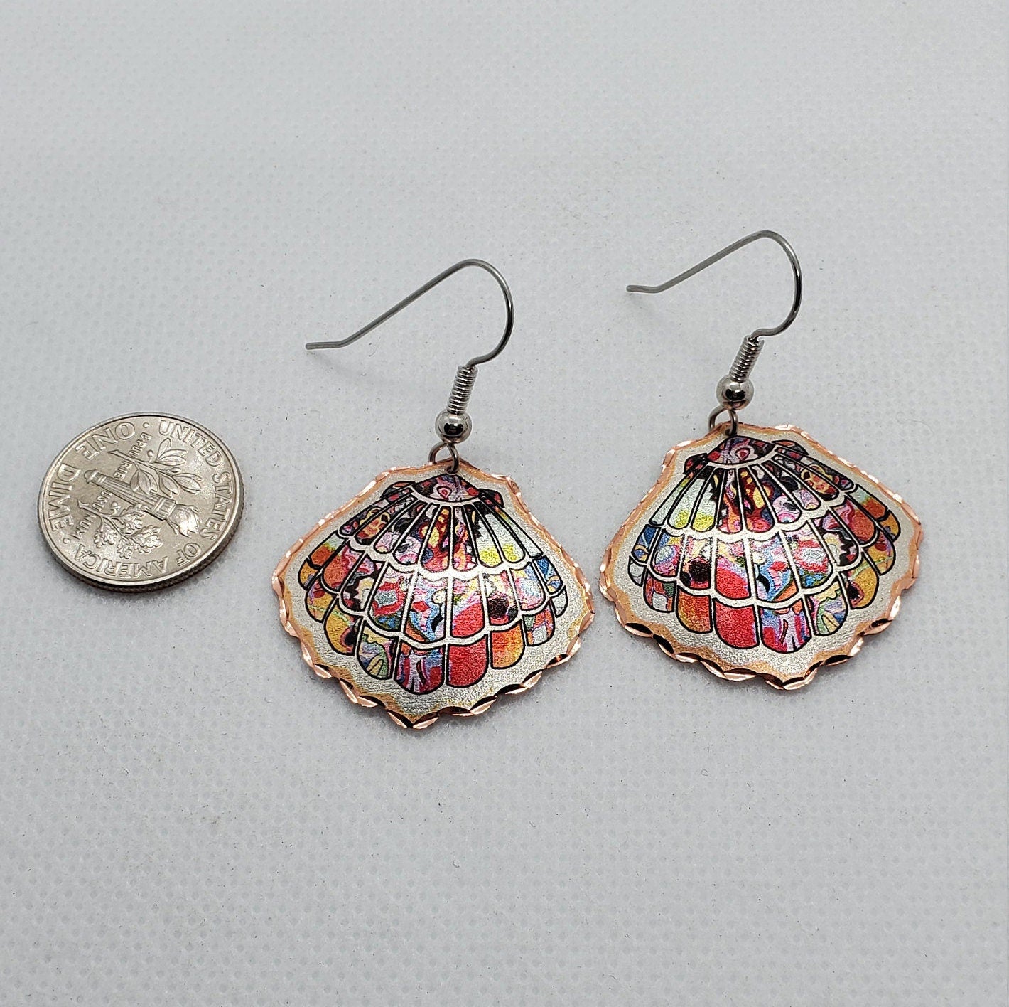 EA - Colorful Copper Seashell - Beautiful COPPER earrings - Surgical Steel Hypo Allergenic Earwires.