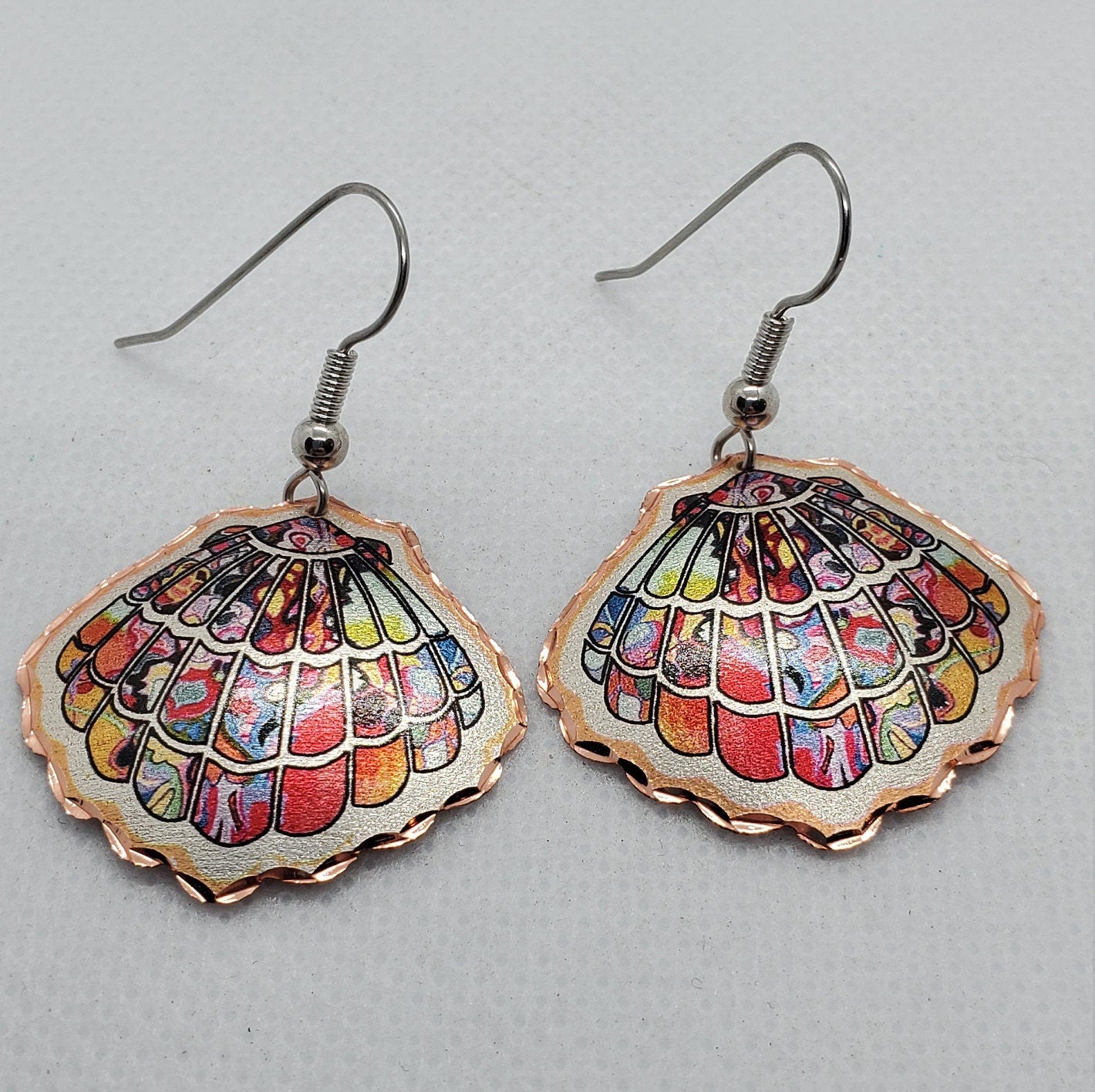 EA - Colorful Copper Seashell - Beautiful COPPER earrings - Surgical Steel Hypo Allergenic Earwires.