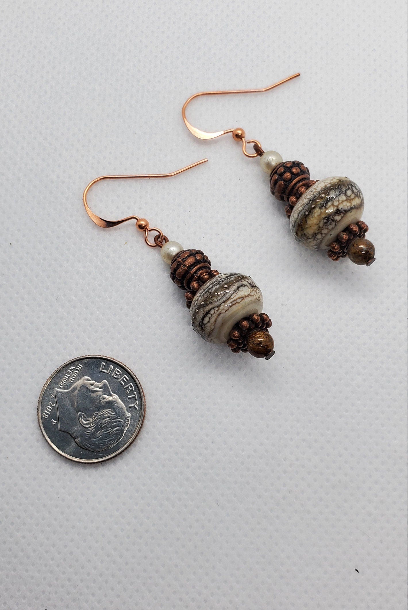 Copper Pearl Artisan Glass Earrings, Lampwork Glass Bead by Grace Lampwork Beads, Copper Earring Wire