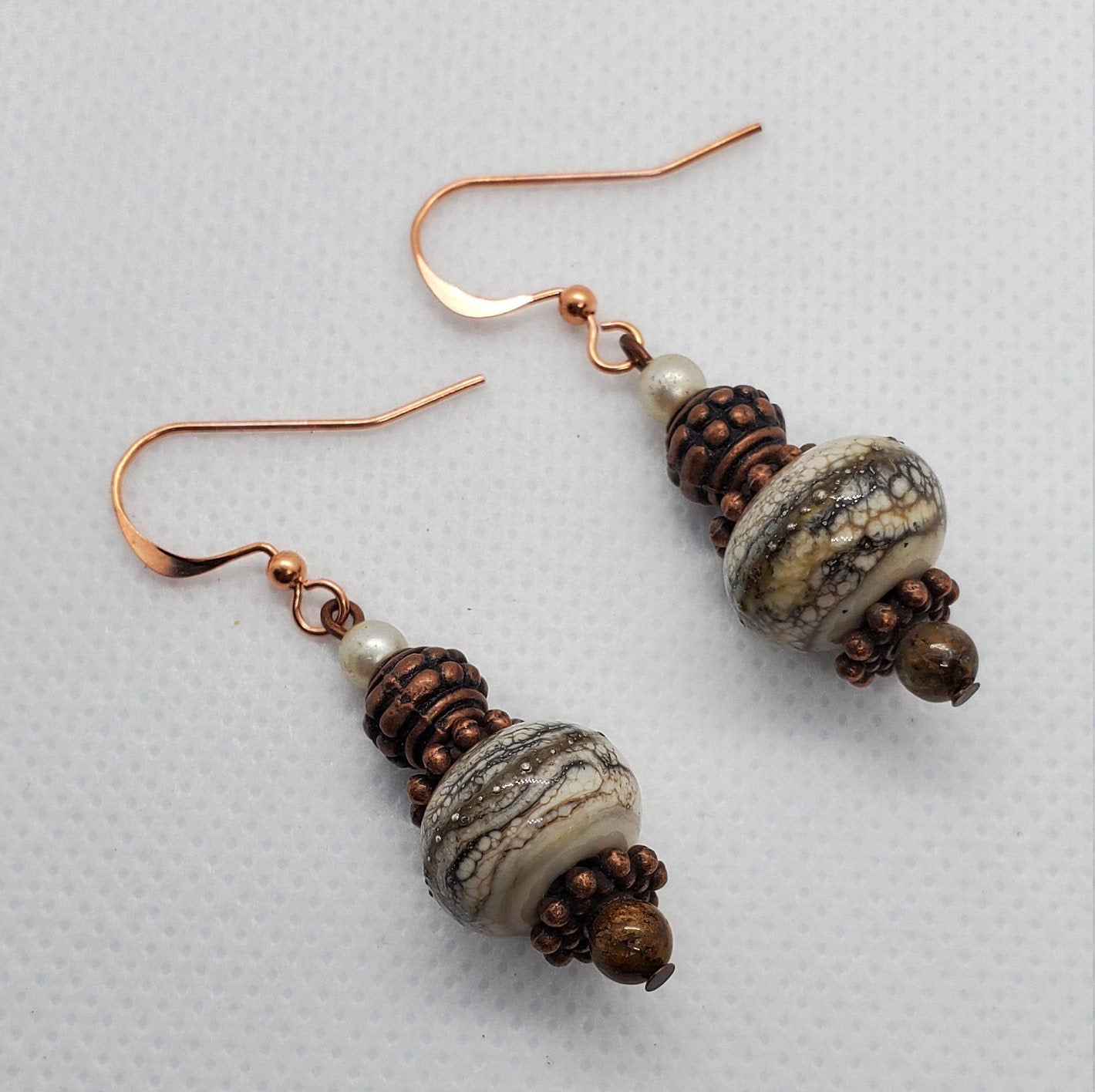 Copper Pearl Artisan Glass Earrings, Lampwork Glass Bead by Grace Lampwork Beads, Copper Earring Wire