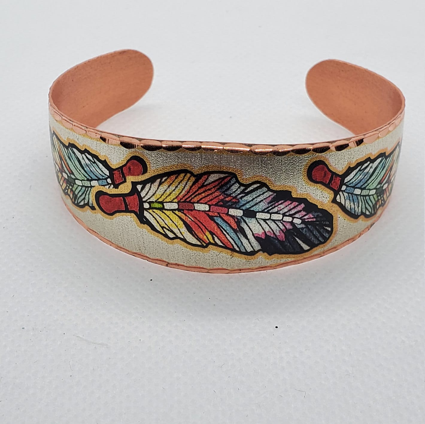 BR - Colorful Feathers - Beautiful adjustable COPPER cuff bracelet.