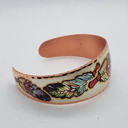 BR - Colorful Feathers - Beautiful adjustable COPPER cuff bracelet.