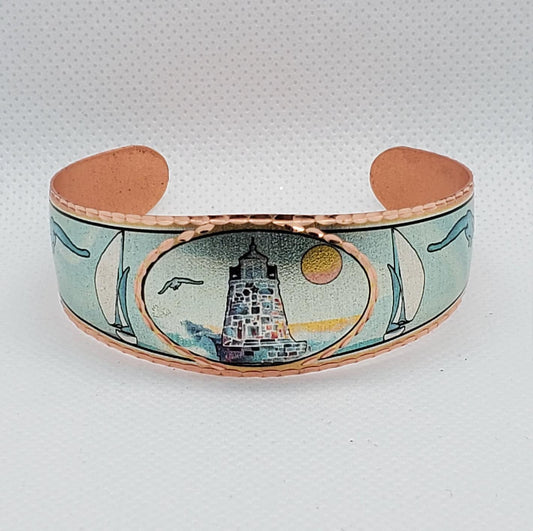 Br - SAILBOAT and LIGHTHOUSE - Beautiful adjustable COPPER cuff bracelet. Ocean/Seashore Jewelry.