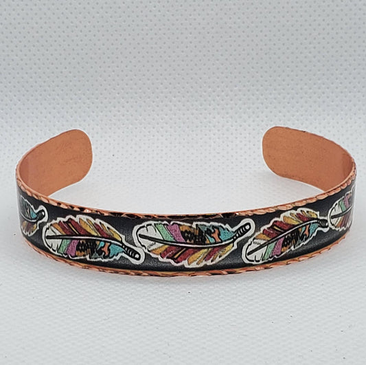 BR - Colorful Feather Artwork - Beautiful adjustable COPPER cuff bracelet.