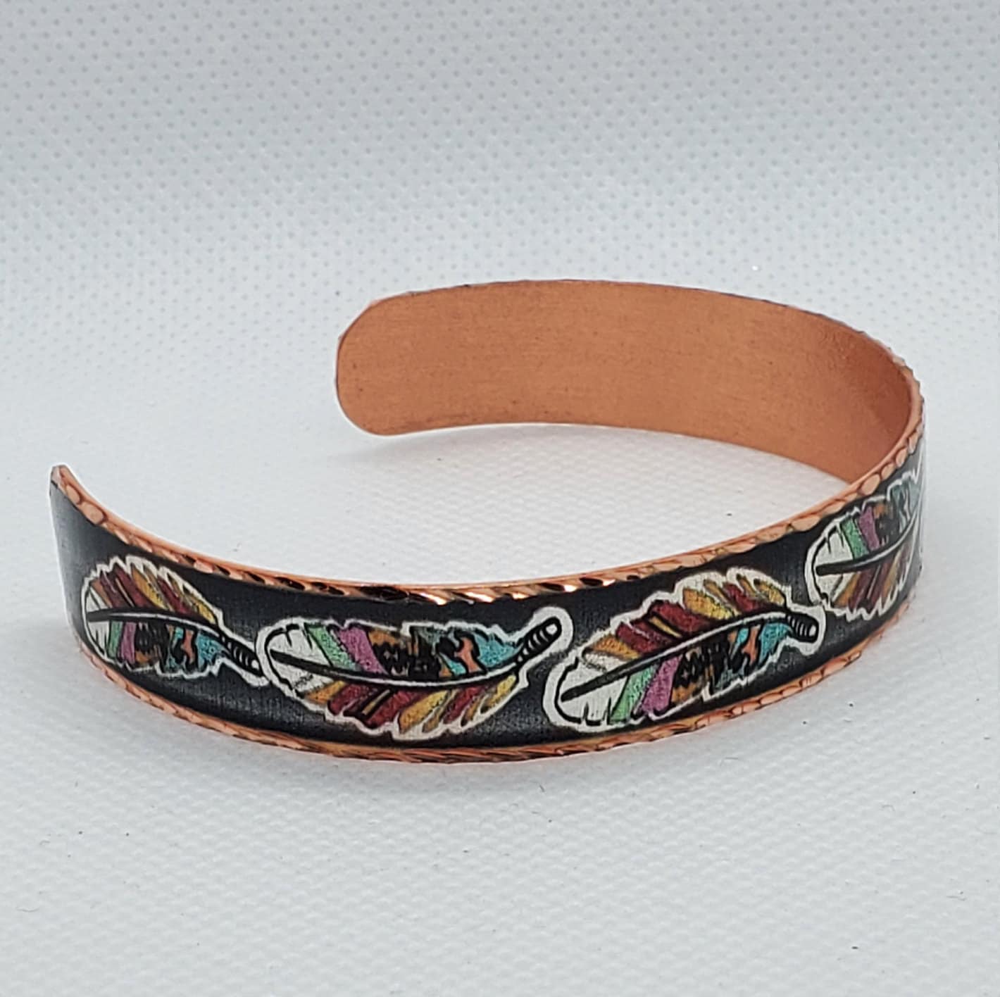 BR - Colorful Feather Artwork - Beautiful adjustable COPPER cuff bracelet.