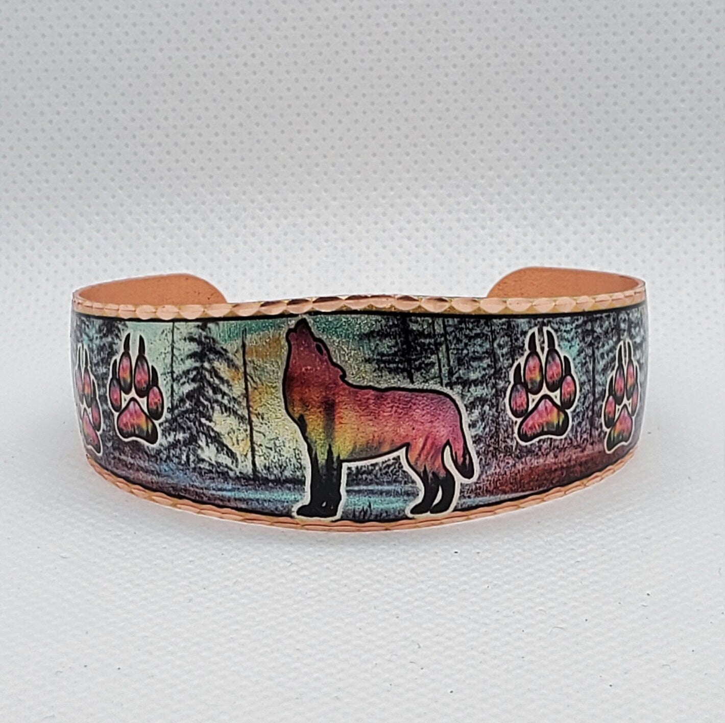 BR- Howling Wolf and Wolf Paws - Beautiful adjustable COPPER cuff bracelet.