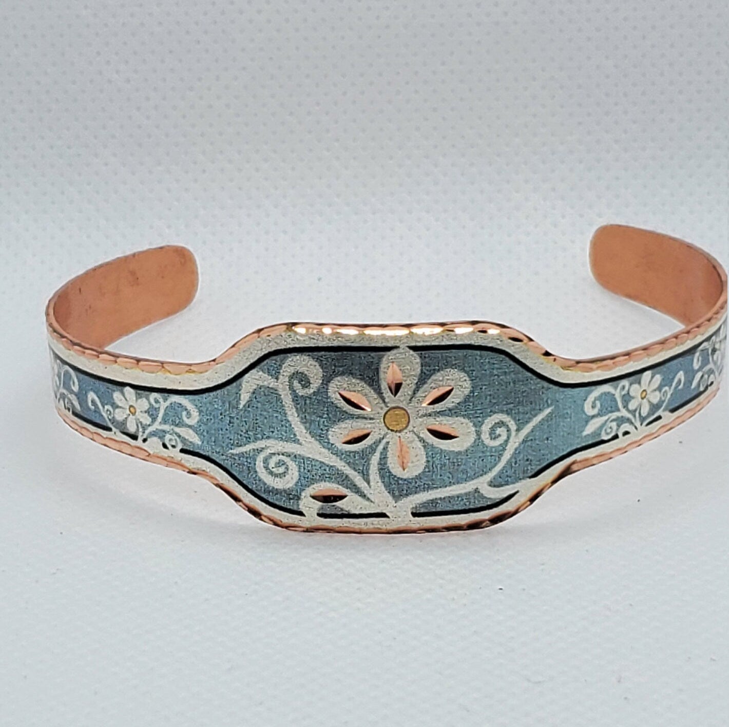 BR - Turquoise Color Flower Artisan Bracelet - Beautiful adjustable COPPER cuff bracelet.