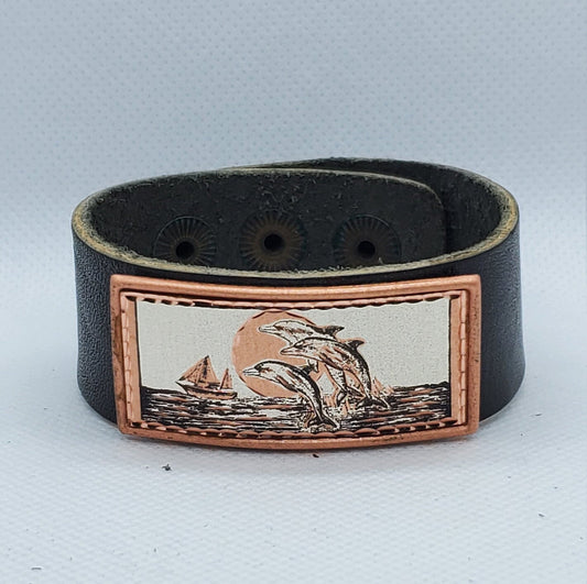 B - Dolphins- Beautiful adjustable COPPER leather bracelet.