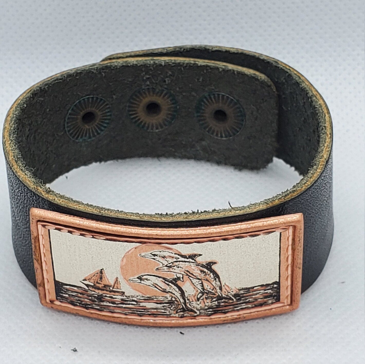 B - Dolphins- Beautiful adjustable COPPER leather bracelet.