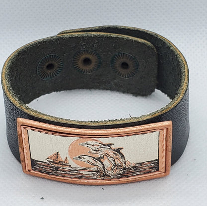 B - Dolphins- Beautiful adjustable COPPER leather bracelet.