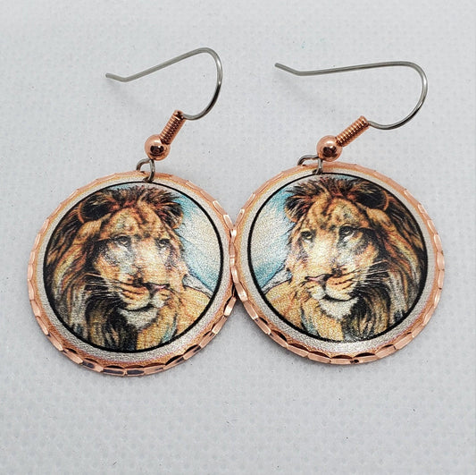 EA - Beautiful Lion COPPER earrings - Surgical Steel Hypo Allergenic Earwires.